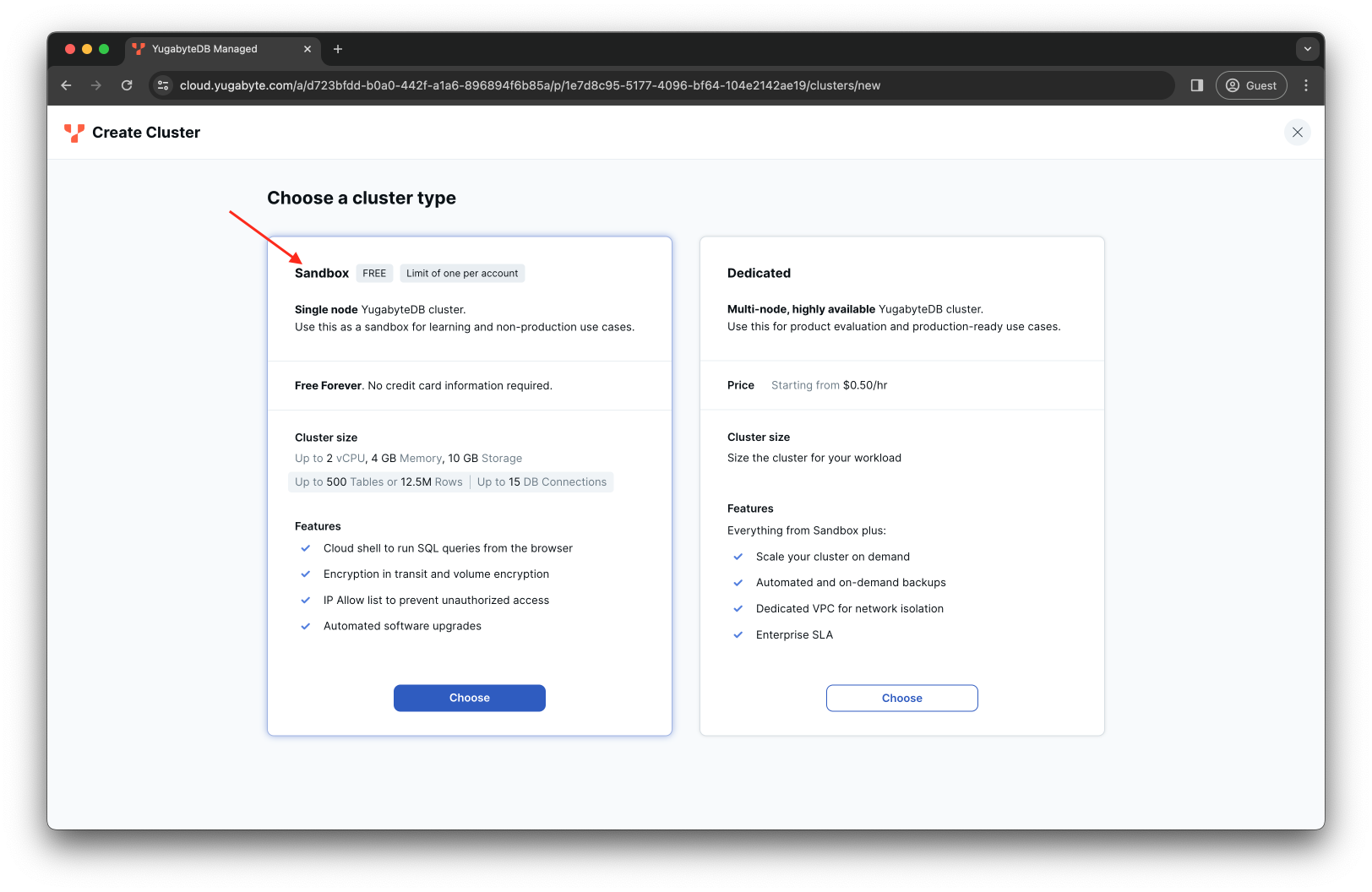 YugatebyDB Managed Sandbox Cluster