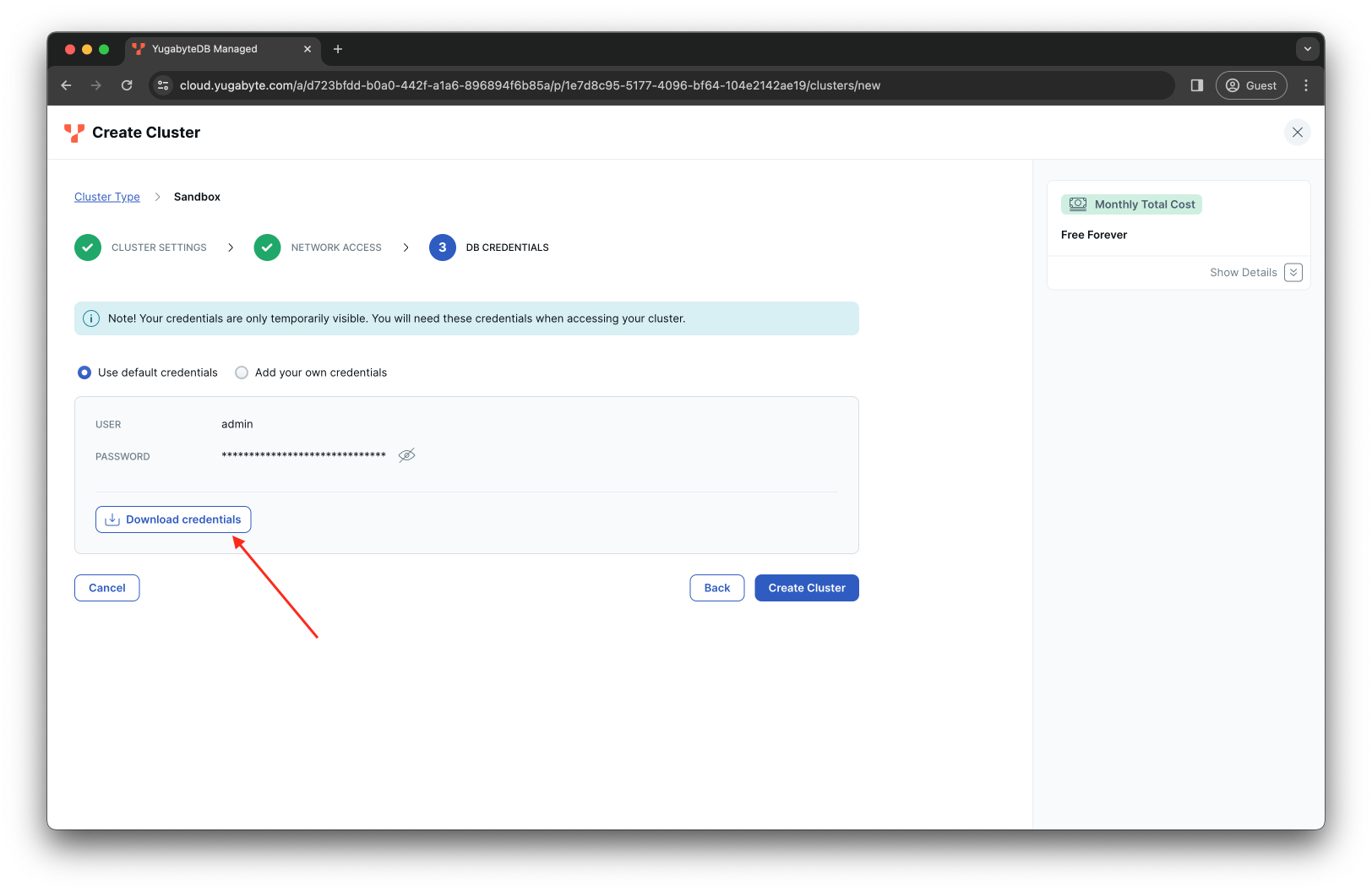 YugatebyDB Managed Download Credentials