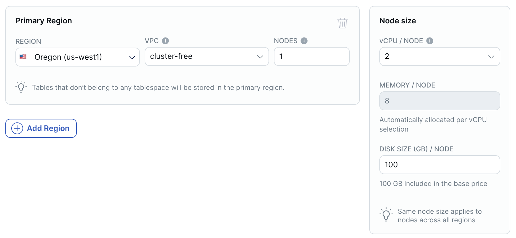 Add Cluster Wizard - Primary region and size