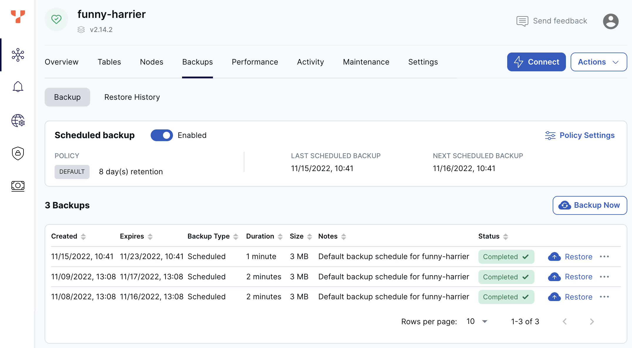 Cluster Backups page